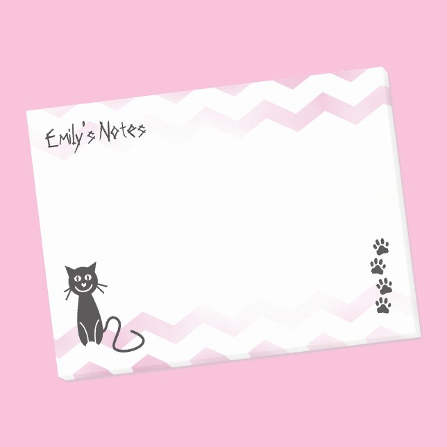 Mall för Cute Cat Illustration Rosa Zigzags Namn Post-it Block (Skapare uppladdad)