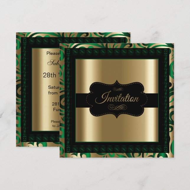 Mall för Elegant Grönt och Guld Swirls Party (Fram/baksida)