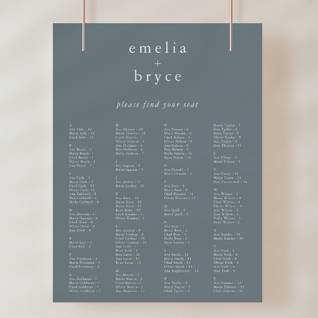 Mall för EMELIA Blue Rustic Bröllop-sätesschema Poster (EMELIA Blue Rustic Wedding Seating Chart Template)