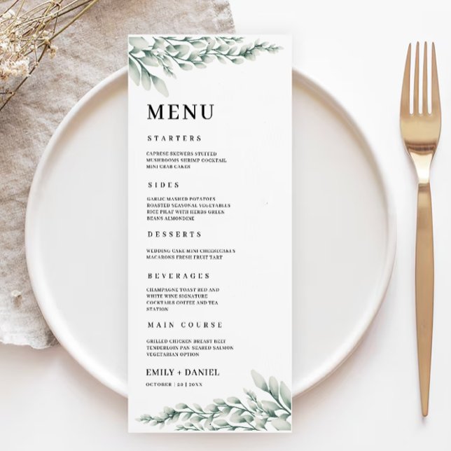 Mall för Emerald Grönt Bröllop-menykort (Emerald Green Wedding Menu Cards Template)