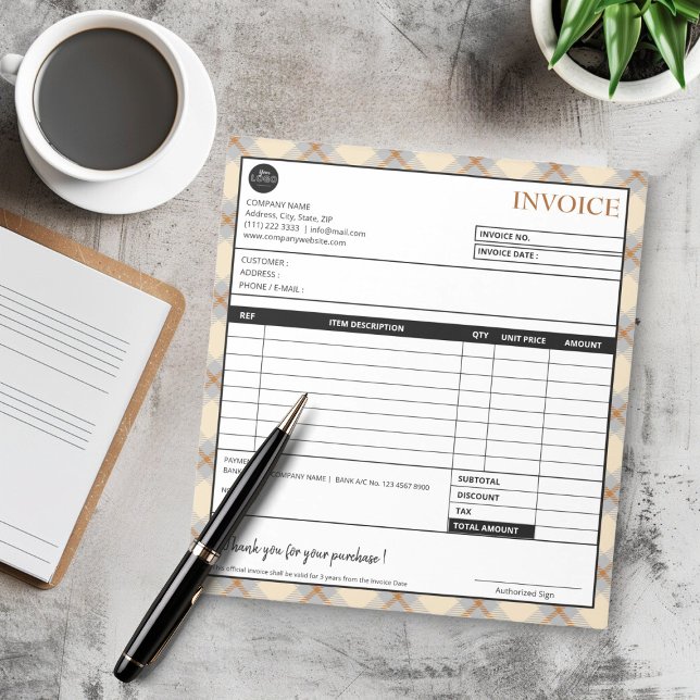 Mall för enkel belagd faktura för Gräns Anteckningsblock (Simple Peach Plaid Border Business Invoice Template)