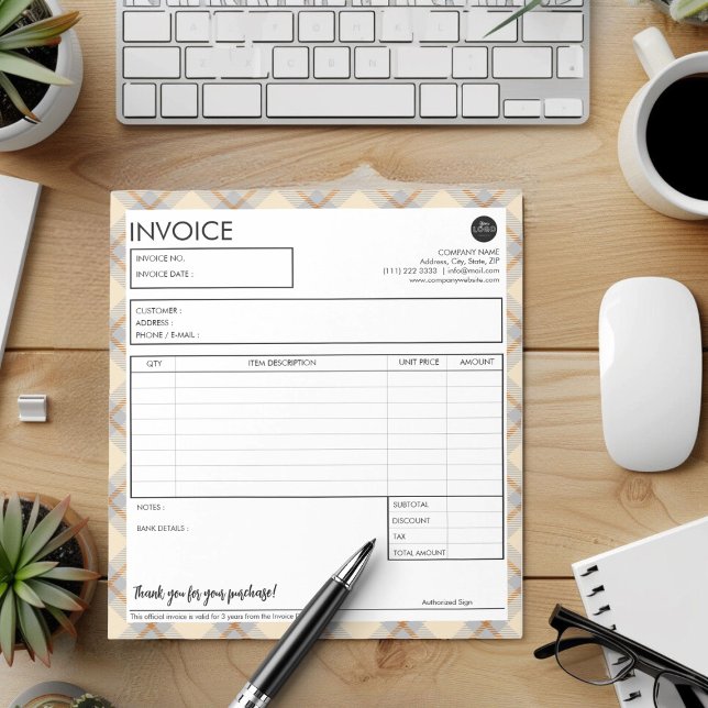 Mall för enkel faktura Gräns Anteckningsblock (Simple Peach Plaid Border Business Invoice Template)