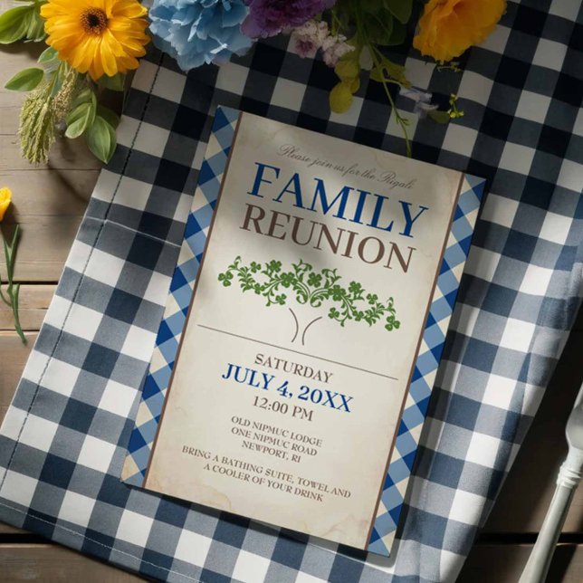 Mall för familjeåterföreningsinbjudan (Family reunion invitations blue gingham and tree.)