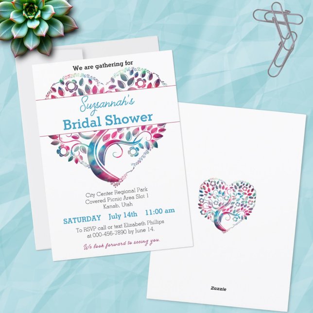 Mall för färgstark Möhippa för Hjärtformade Träd (invitation template front and back)