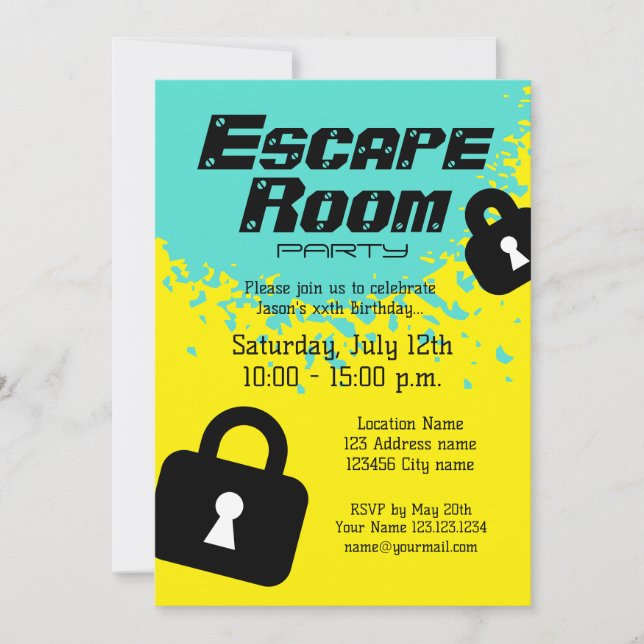 Mall för födelsedagsinbjudan till Escape Room (Framsida)