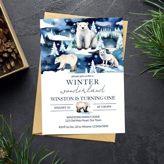 Mall för födelsedagskalender för arktiska djur i W (Winter onederland arctic animals birthday party editable template invitation digital download fox)
