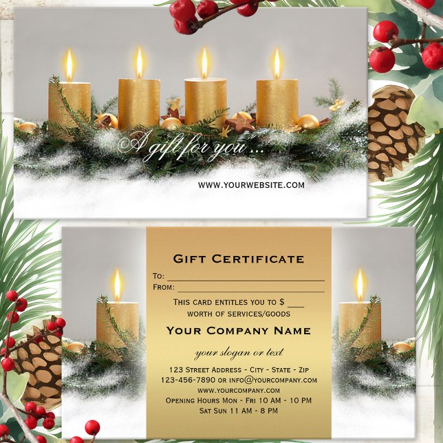 Mall för gåvsintyg för gyllene ljus visitkort (Festive Christmas Holidays gift certificate featuring golden candles with pine twigs in snow)