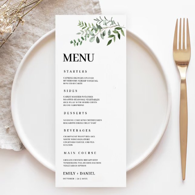 Mall för Grey Bröllop-menykort (Greenery Wedding Menu Cards Template)