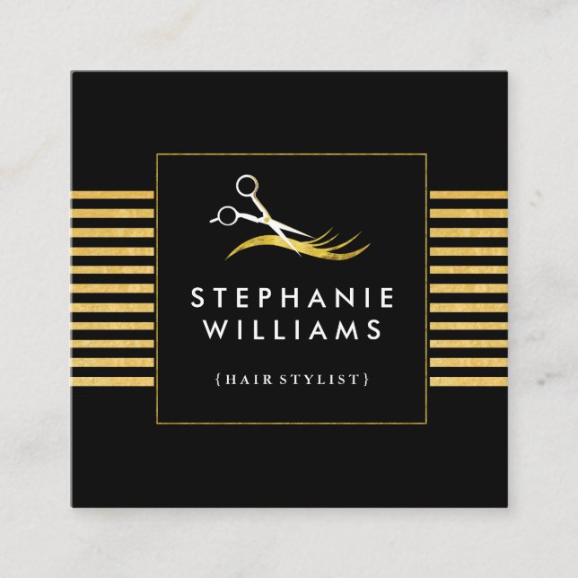 Mall för guld- och svarthårsalongvisitkort fyrkantigt visitkort (Framsida)
