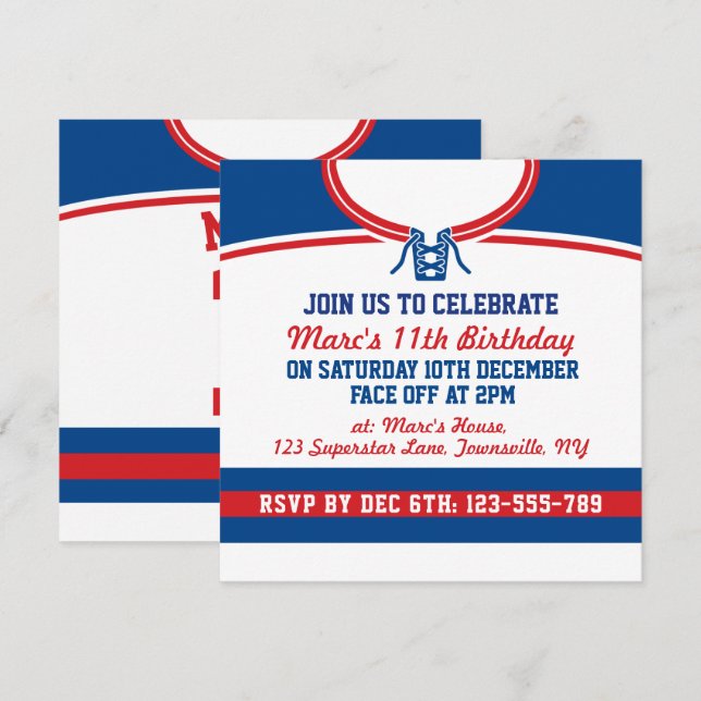 Mall för Hockey Jersey Thned Party Inbjudan (Fram/baksida)