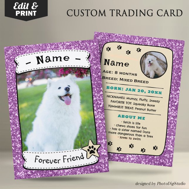 Mall för Hund av personlig Pet Trafikkort (Glitter Pink Pet Trading Card Dog Trading Card Therapy Dog)