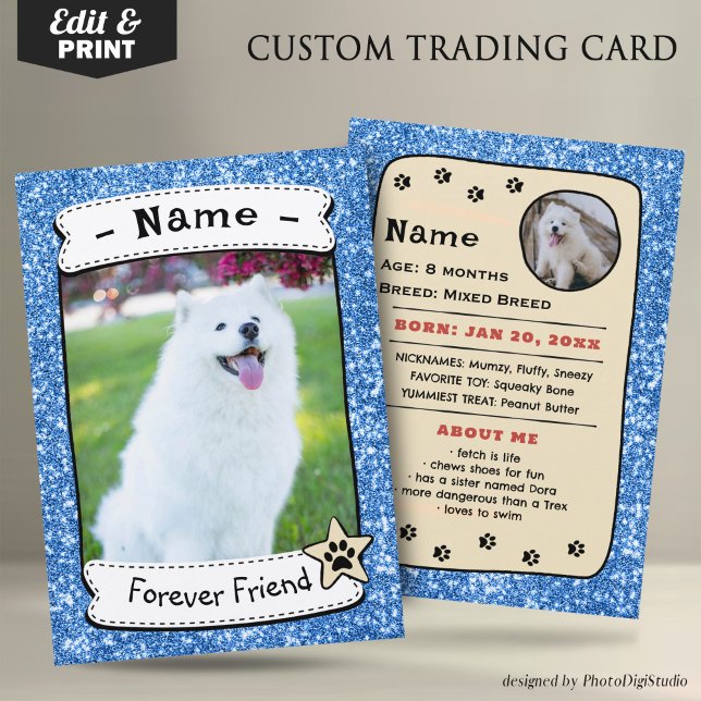 Mall för Hund av personlig Pet Trafikkort (Glitter Blue Pet Trading Card Dog Trading Card Therapy Dog)