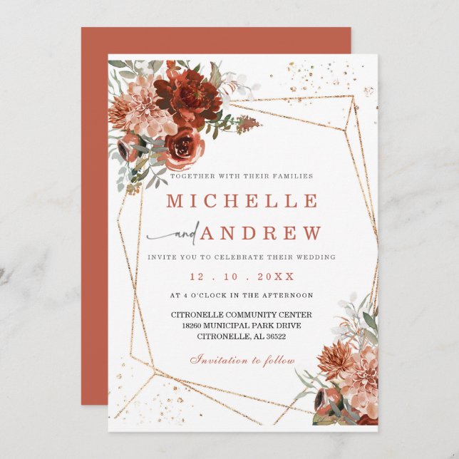 Mall för inbjudan att bjuda in Terracotta Guld (Fram/baksida)