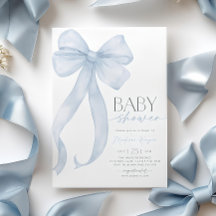 Mall för inbjudan till Blue Bow Baby Shower utskri