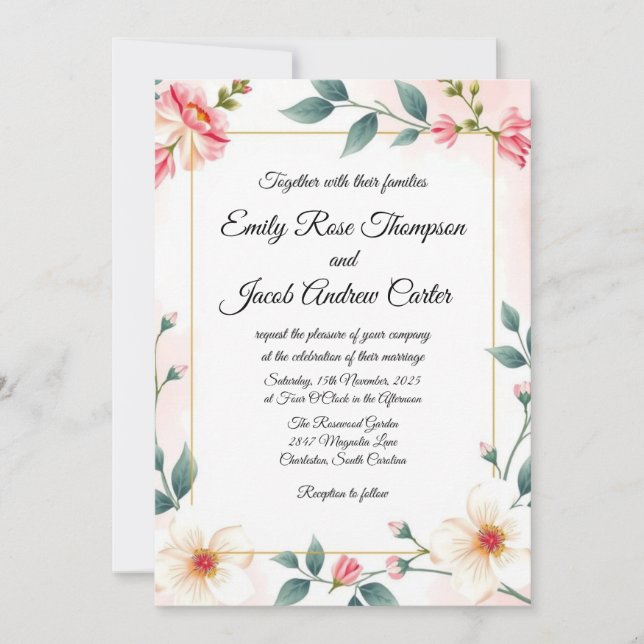 Mall för inbjudan till elegant Rosa Blommigt  bröl (Framsida)