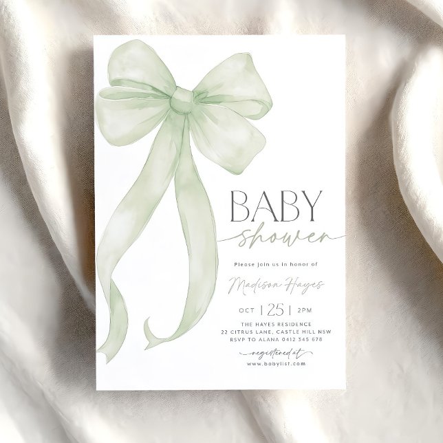 Mall för inbjudan till Grönten Bow Baby Shower (Skapare uppladdad)