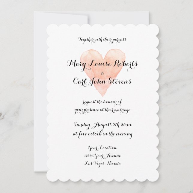 Mall för inbjudan till korallvattenfärgat hjärtbrö (Framsida)