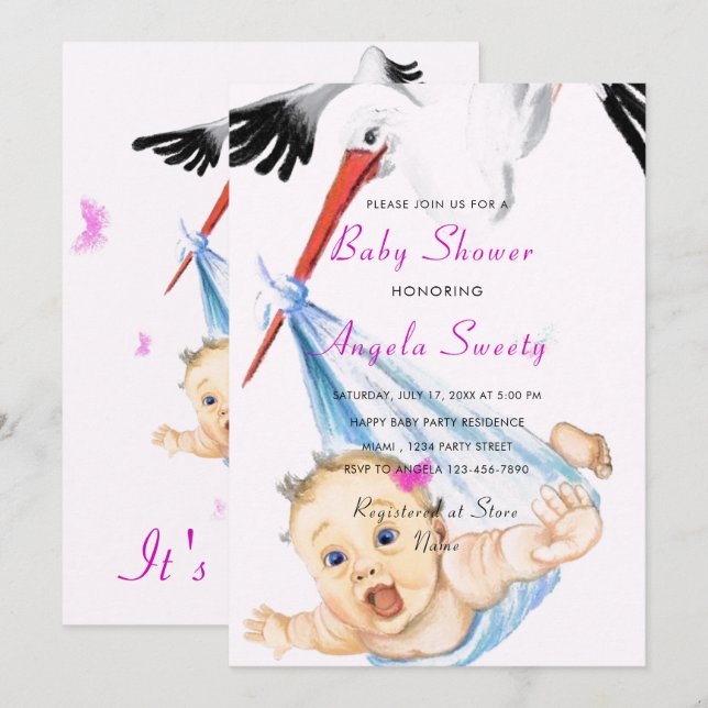 Mall för inbjudan till stork med babyduschar (Fram/baksida)