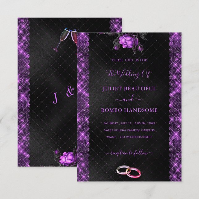 Mall för inbjudan till svartvit Lila-bröllop (Fram/baksida)