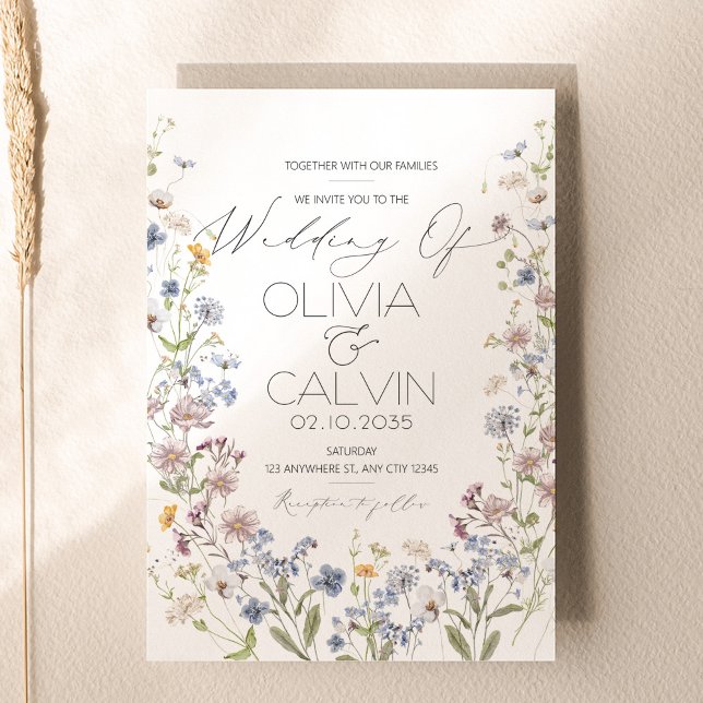 Mall för inbjudan till Wildblomsbröllop (Wildflower Wedding Invitation Template)