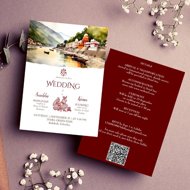 Mall för indiska destinationsbröllop för rishikesh (Rishikesh Indian destination wedding editable template invitation digital download modern watercolor)