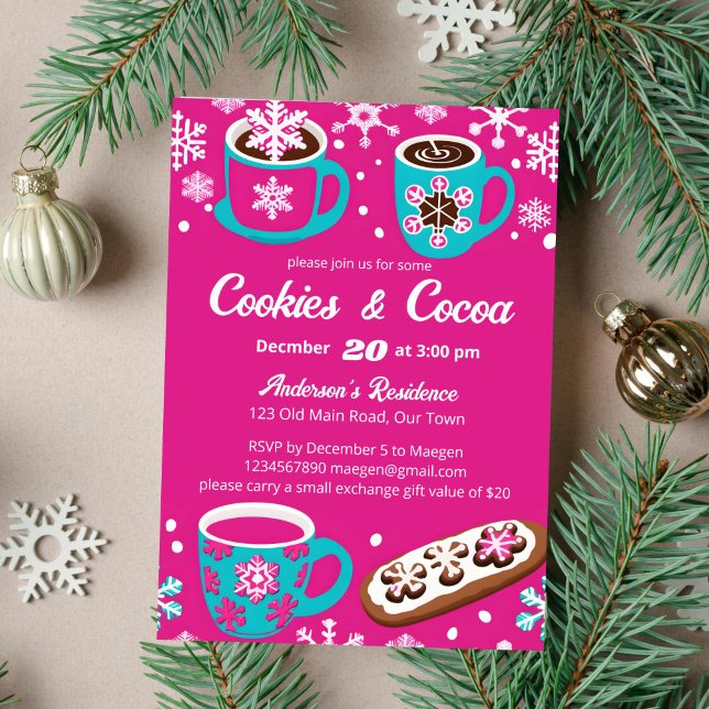 Mall för kakor och kakaogräddning i party (Cookies and cocoa groovy retro template invitation instant download pink and teal colors cups )