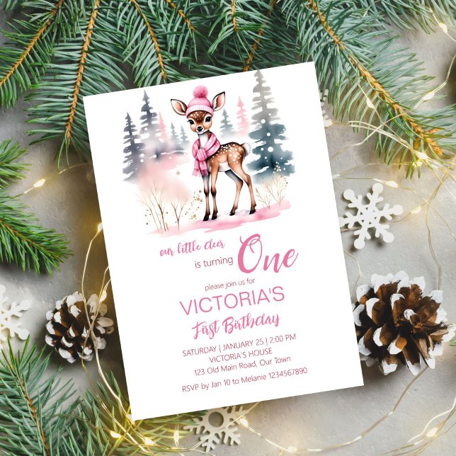 Mall för kalkylera hjort-vinterflickors födelsedag (Cute deer Winter girls birthday party editable template invitation digital download watercolor)