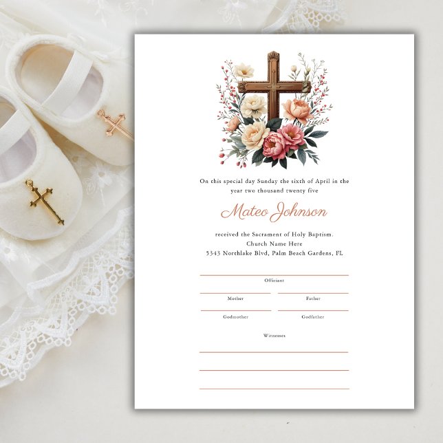 Mall för katolskt Baptismcertifikat för blommigt K (Floral Cross Catholic Baptism Certificate Template)