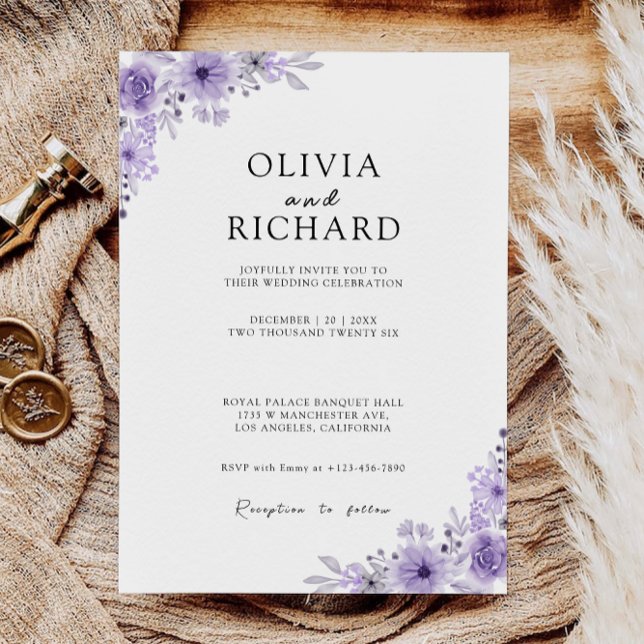 Mall för lila Bröllopsinbjudans (Purple Wedding Invites Template)