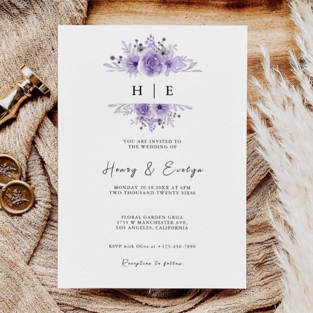 Mall för lila Bröllopsinbjudans (Purple Wedding Invites Template)