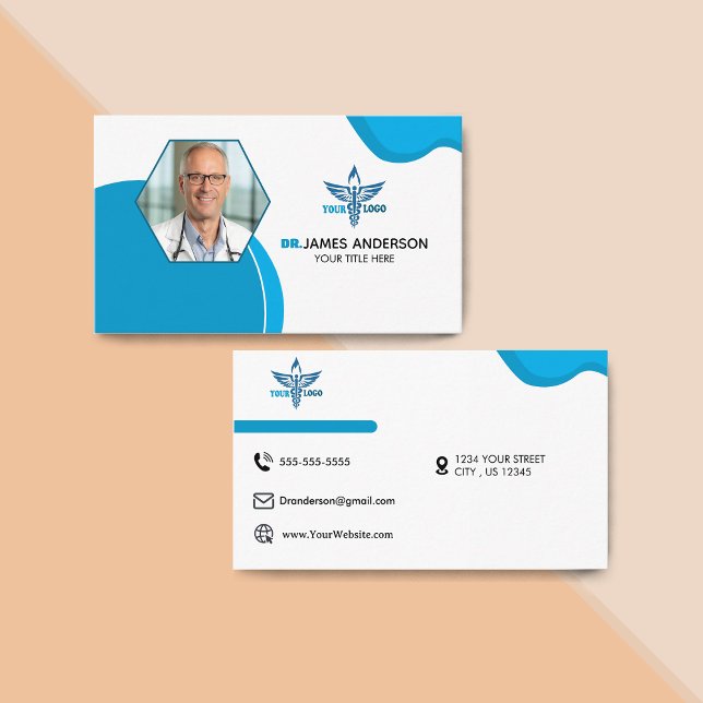 Mall för Logotyp av medicinska orsaker Visitkort (Medical Caduceus Logo Template Navy Blue Business Card)