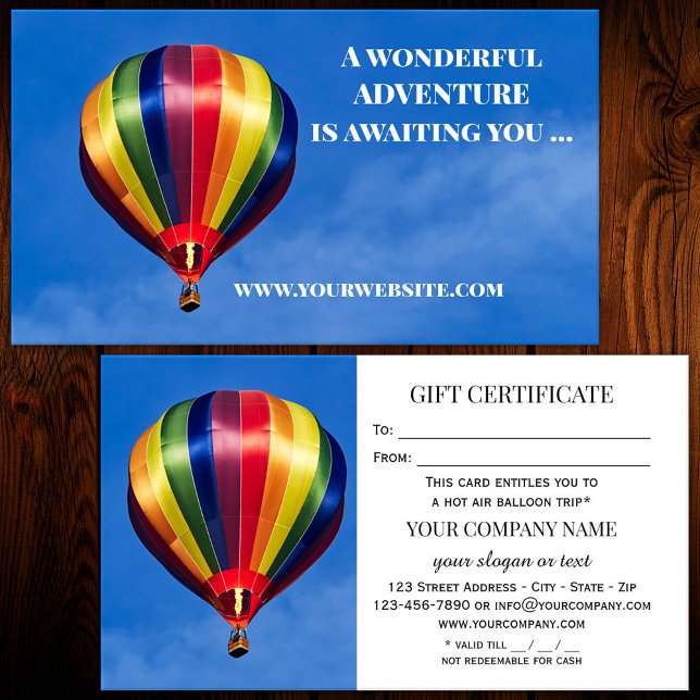 Mall för luftballong Ride-certifikat Rabattkort (A gift certificate or regular business card featuring a hot air balloon.)