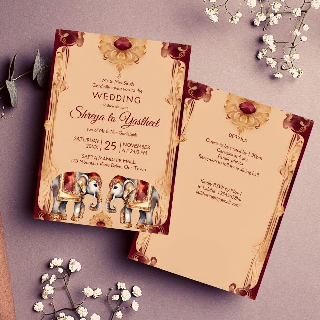 Mall för maronbeige indisk elefant i bröllop (Maroon beige Indian wedding ornate elephants vintage decor art border  template invitation digital)