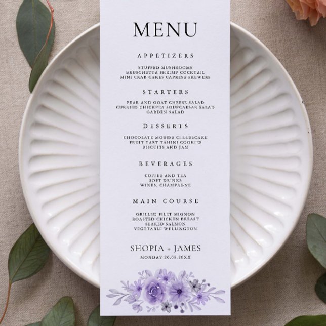 Mall för menykort för lila Bröllop (Purple Wedding Menu Cards Template)
