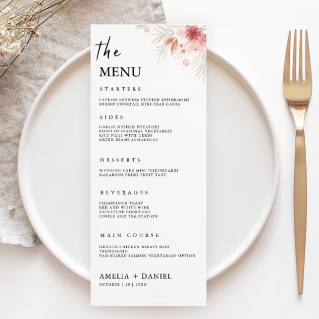 Mall för menykort för Wildblomma Bröllop (Wildflower Wedding Menu Cards Template)
