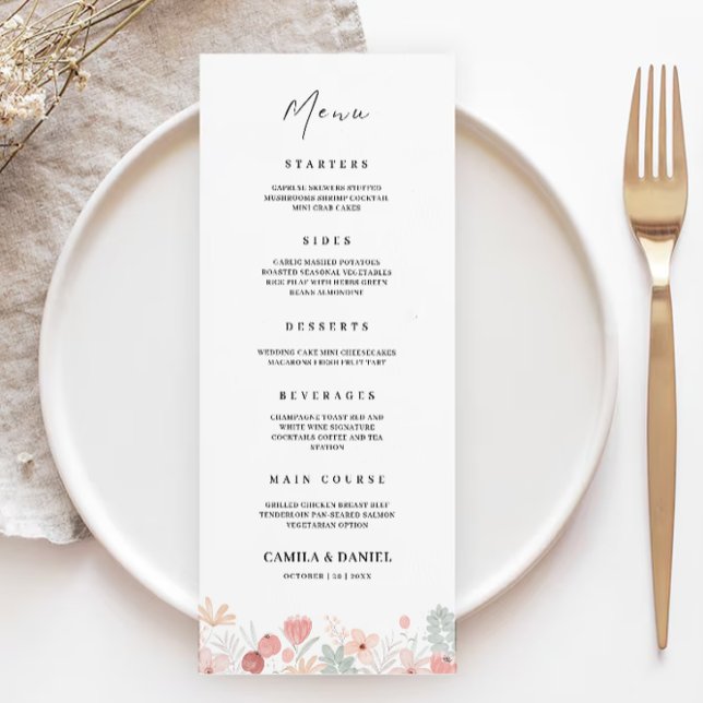 Mall för menykort för Wildblomma Bröllop (Wildflower Wedding Menu Cards Template)