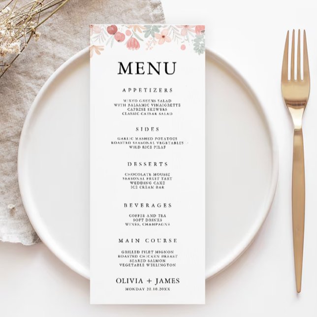 Mall för menykort för Wildblomma Bröllop (Wildflower Wedding Menu Cards Template)
