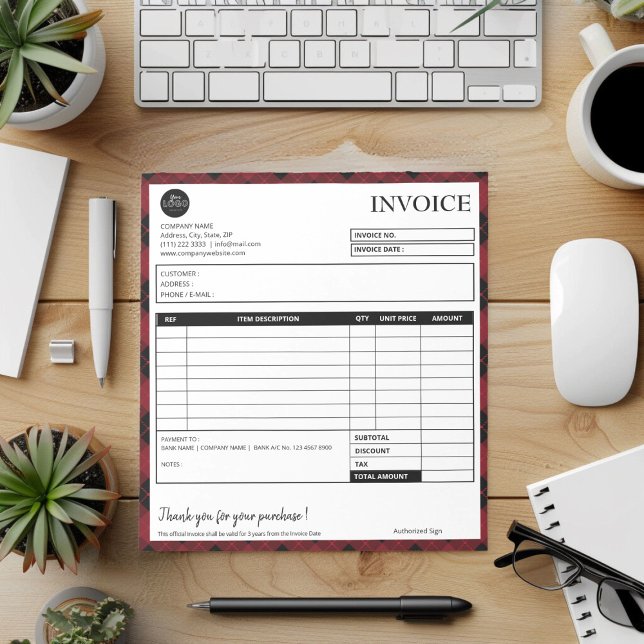 Mall för minimalistisk Play Gräns-faktura Anteckningsblock (Minimalist plaid border festive invoice template)