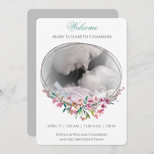 Mall för minnesfödelse för Cherry Blommar Photo Te (Fram/baksida)