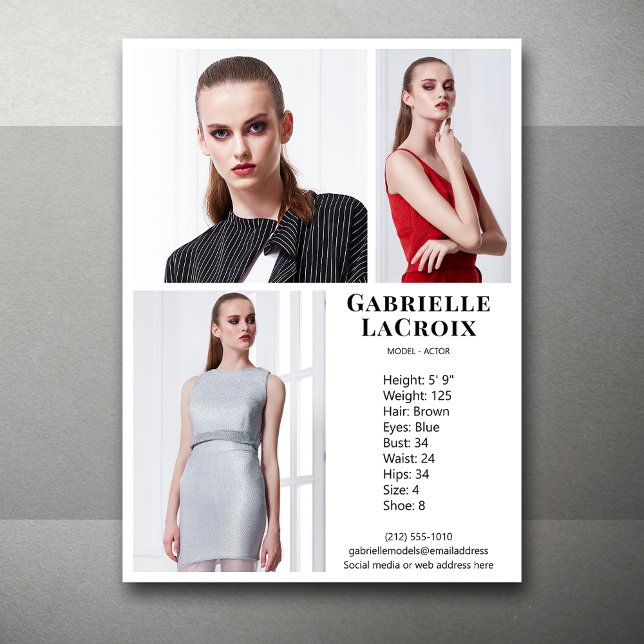 Mall för modell Actor 3 Photo Pro Comp Card - vit (Available in print or instant digital download for quick messaging, email or self printing.)