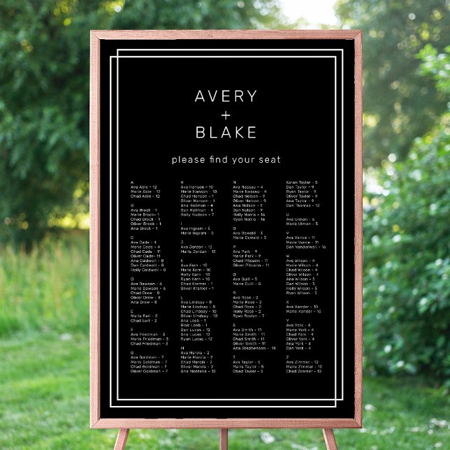 Mall för moderna sätesdiagram för svart Bröllop Poster (AVERY Modern Black Wedding Seating Chart Template)