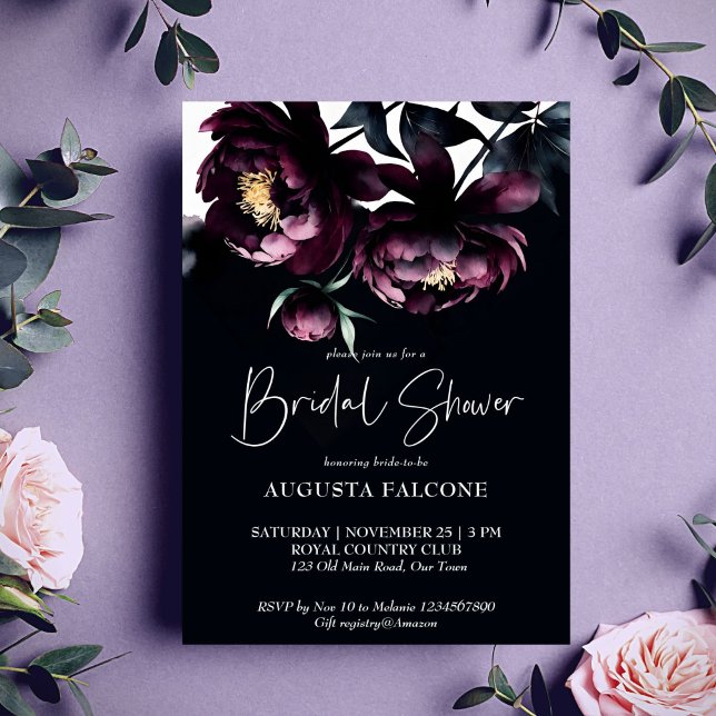 Mall för moody möhippa för elegant för mörk (Dark moody noir elegant bridal shower editable template invitation digital download burgundy peonies)