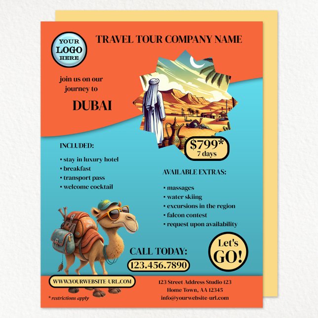 Mall för öga-fångstresor reklamblad (A versatile colorful travel agency flyer with your logo, custom photo and optional camel - Dubai)