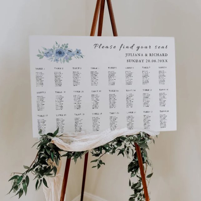 Mall för passagerardiagram för blå Bröllop Poster (Blue Wedding Seating Chart Template)