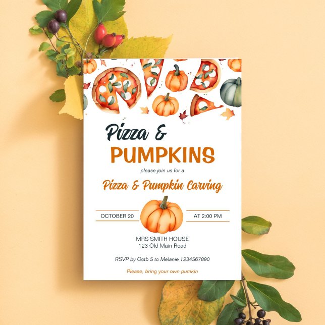 Mall för pizza och pumpa med party (Pizza and pumpkin carving party template invitation digital download, watercolor pizza slices pumpki)