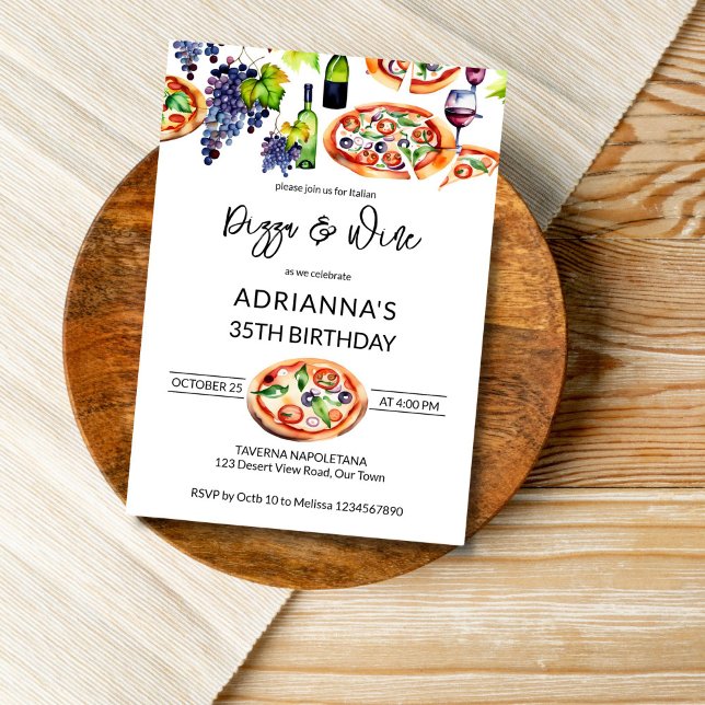 Mall för Pizza och vin födelsedagsfest (Pizza and wine adults birthday party editable template invitation digital download watercolor pizza)