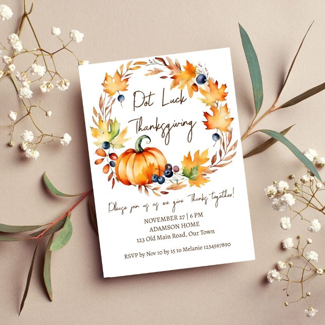 Mall för Pot Tur Thanksgiving middag party (Pot Luck Thanksgiving dinner party template invitation digital download watercolor pumpkin wreath)