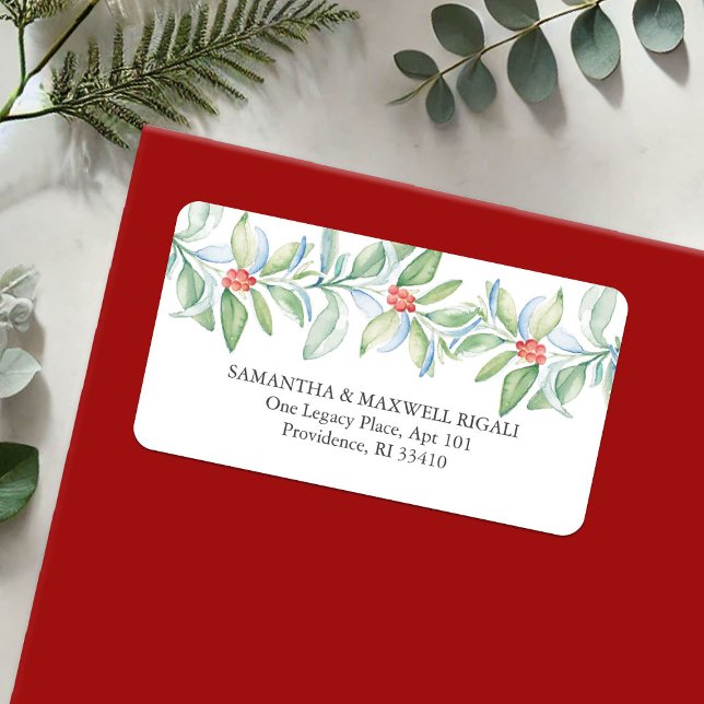 Mall för Returetiketter under jul Adressetikett (Christmas return address label red & green botanical berries watercolor art by Victoria Grigaliunas)