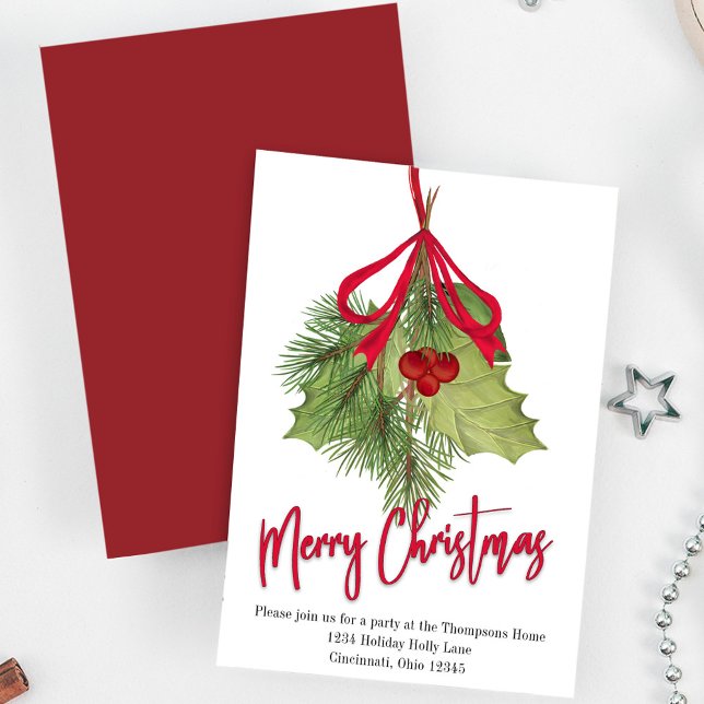 Mall för Röda och Grönt God jul Party (Merry Christmas calligraphy party invitation with watercolor winter greenery and foliage. )