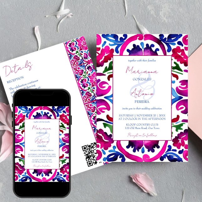 Mall för rosa blå mexikanska Talavera-plattor bröl (Pink blue Mexican Talavera tiles editable wedding template invitation digital download all in one QR)
